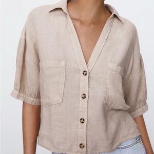 Zara‎ Tan Puff Sleeve Notched Collar Top M